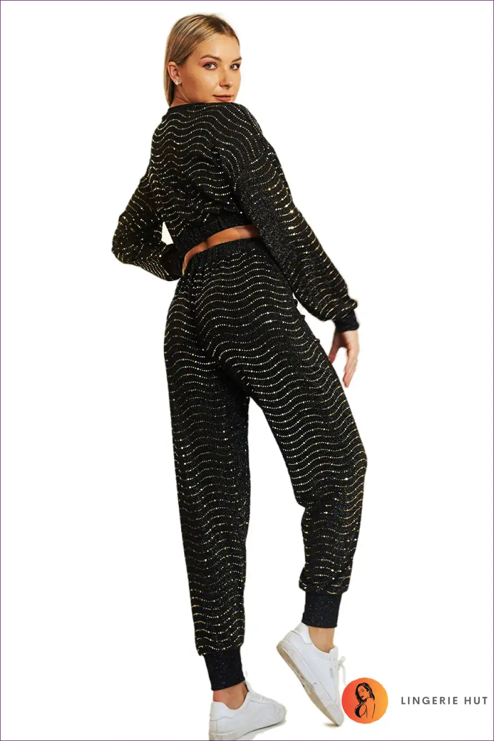 Get Ready To Turn Heads With Our High Waist Crop Sweatshirt & Glossy Track Bottoms! a Sexy, Sequined Duo