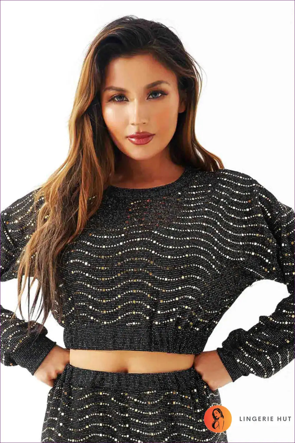 Get Ready To Turn Heads With Our High Waist Crop Sweatshirt & Glossy Track Bottoms! a Sexy, Sequined Duo