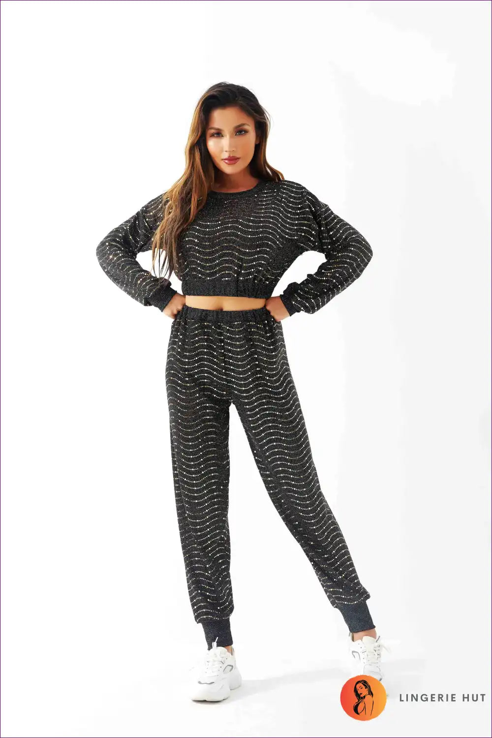 Get Ready To Turn Heads With Our High Waist Crop Sweatshirt & Glossy Track Bottoms! a Sexy, Sequined Duo