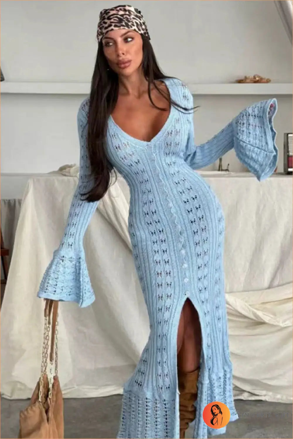 Hollow Knit Maxi Dress with Bell Sleeves - Effortless Boho Layers - s / Blue - Dresses - Casual • Clothing • Everyday