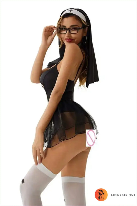 Nun Costume Bodysuit with Cutout Panels - Fantasy Roleplay Ready - 01has Stockings / one Size - Lingerie Hut - All