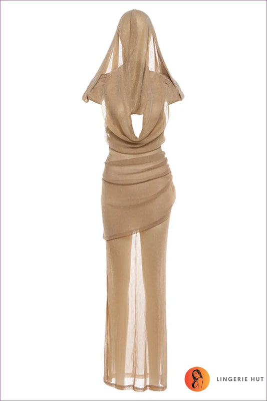 Hooded Maxi Dress with Cowl Neck - Evening Glam Redefined - s / Khaki - Dresses - Backless • Clothing • Glamour