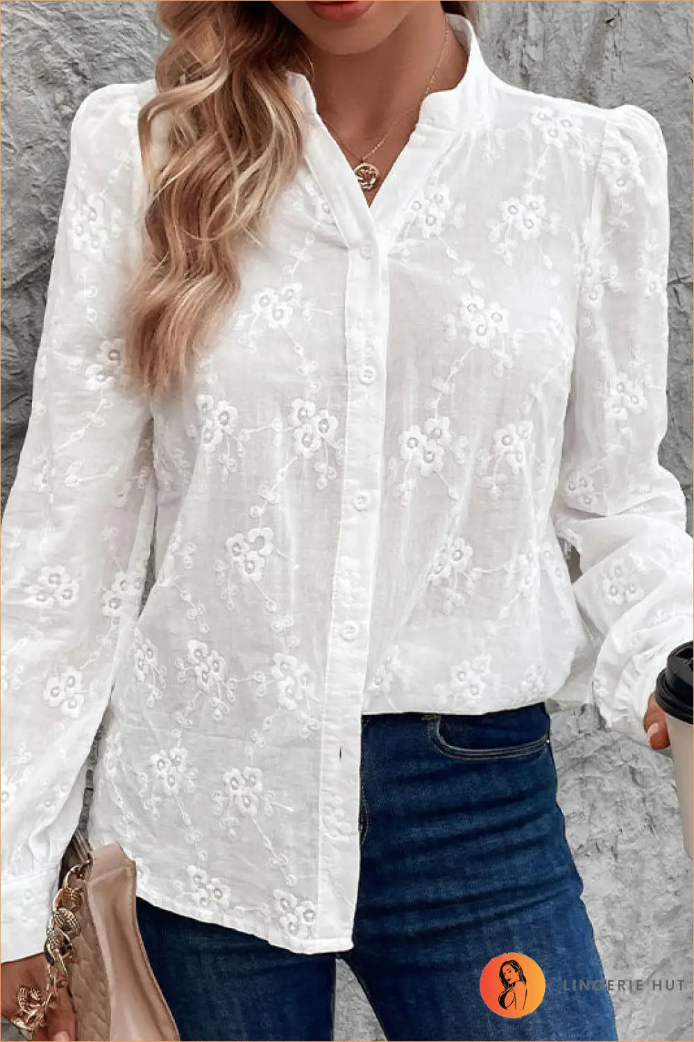 Jacquard Button-up Shirt - Understated Glamour for Every Day - Top - Autumn • Casual • Clothing • Everyday • Floral