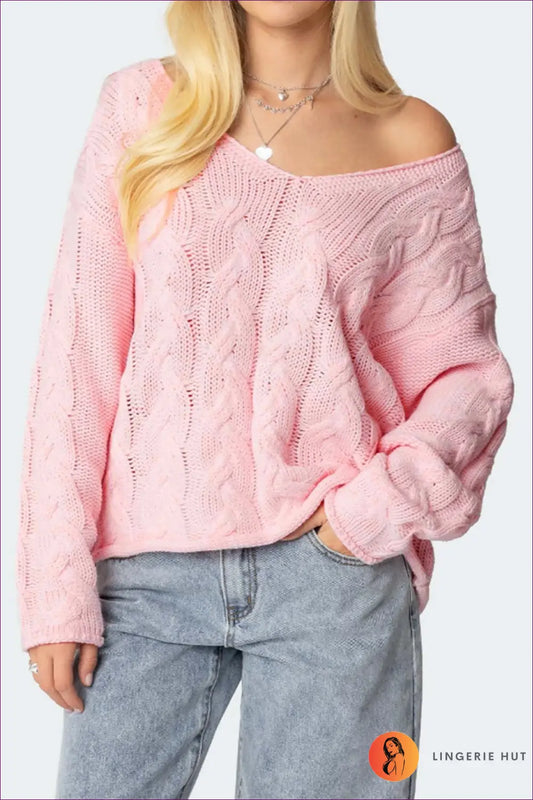 Cable Knit Jumper - Effortless Everyday Comfort - s / Pink - Lingerie Hut - Autumn • Casual • Header-fixed • Jersey