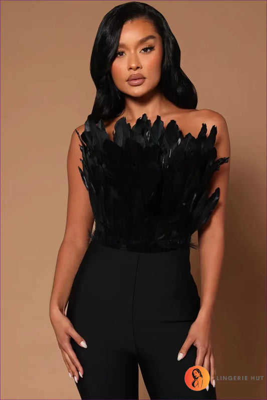 Jumpsuit with Feather Bandeau Top - Statement Evenings - Lingerie Hut - Backless • Cutout • Evening Wear • Formal