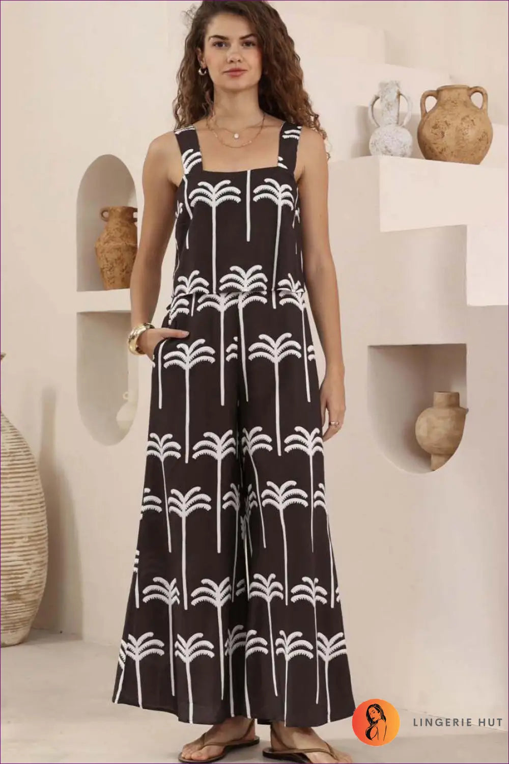 Jumpsuit with Polka Dot Print - Vintage Charm - s / Plant Printing - Lingerie Hut - A-line • Casual • Everyday