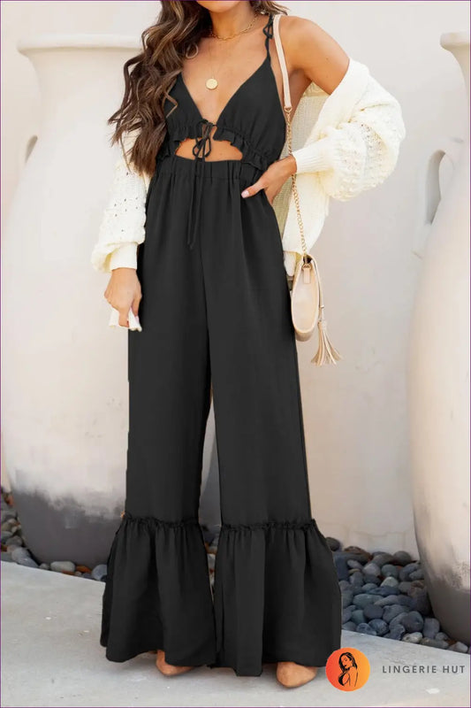 Jumpsuit with Ruffle Hem Detail - Bohemian Grace - l / Khaki - Lingerie Hut - All Season • Backless • Boho • Casual