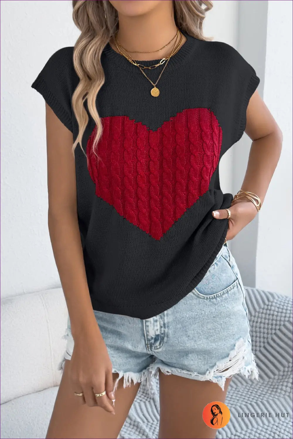 Knit Heart Motif Top - Everyday Romantic Revival - s / Black - Lingerie Hut - All Season • Casual • Cotton • Glamour