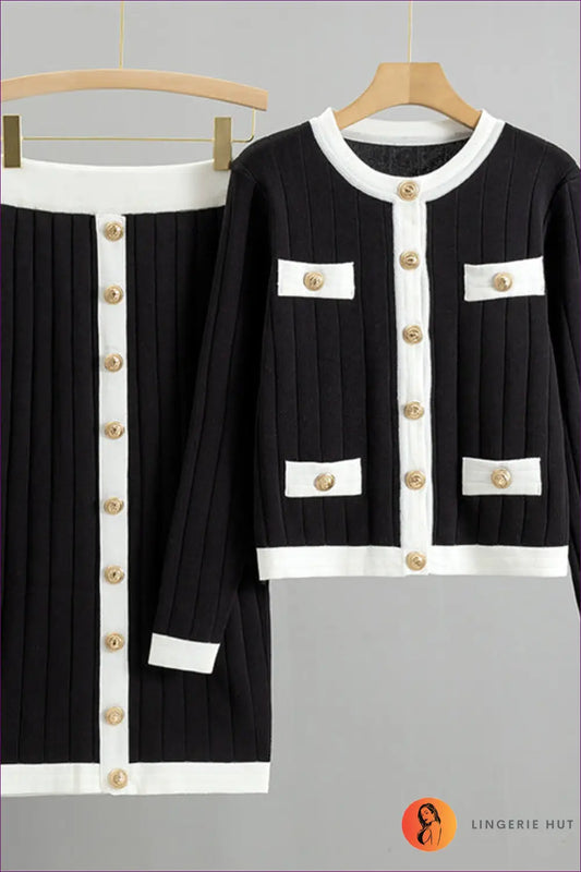 Knit co Ord Set with Cardigan & Midi Skirt - Effortless Coordination - one Size / Black - Lingerie Hut - All Season