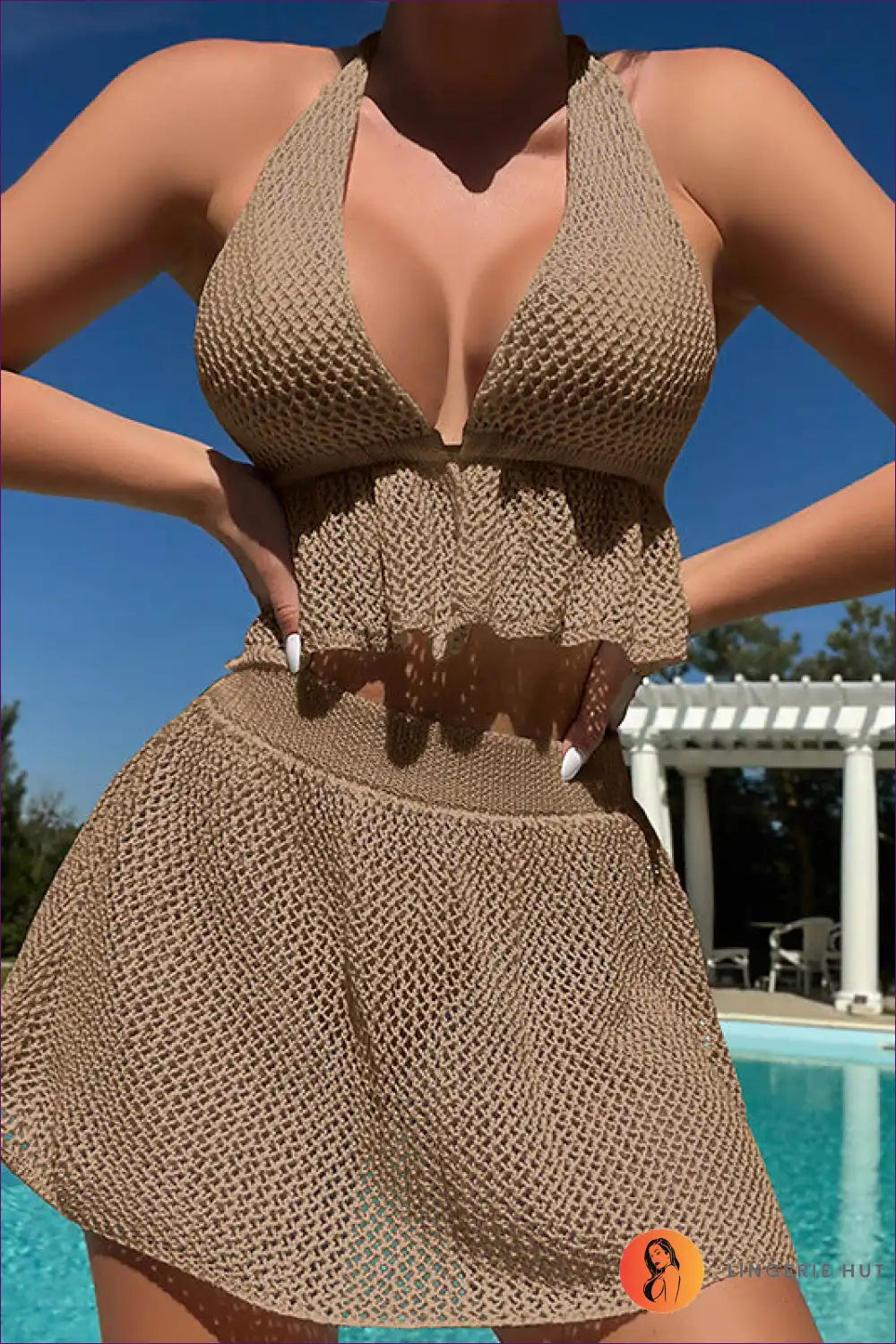 Get Ready To Turn Heads With Our Effortlessly Sexy Knitted Cutout Strap Bikini Top And Skirt Outfit. Complete