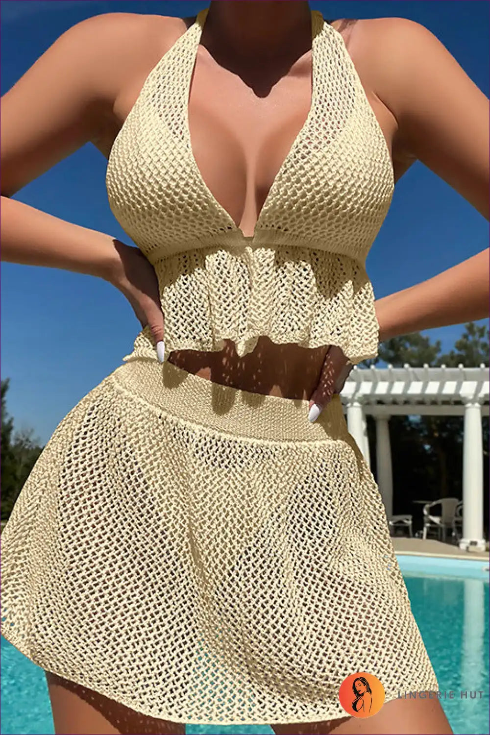 Get Ready To Turn Heads With Our Effortlessly Sexy Knitted Cutout Strap Bikini Top And Skirt Outfit. Complete