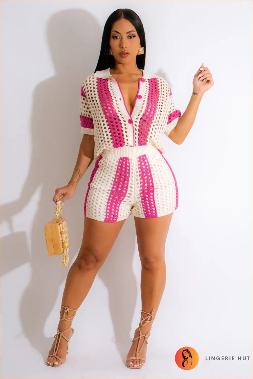 Knitted Shorts Co-ord Set with Collar - Effortless Summer Cool - s / Rose Red - co Ord - Casual • Clothing • Crochet