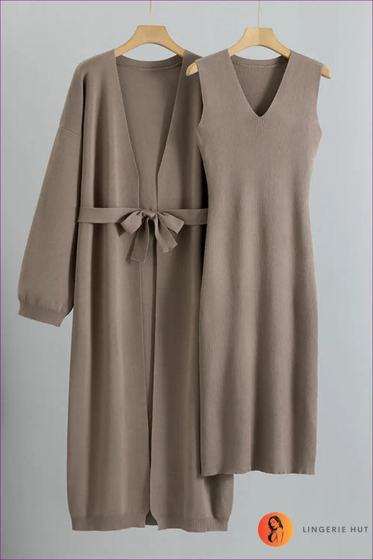 Knitted Vest Dress and Belted Cardigan Set - Effortless Layers - one Size / Camel - Outfit - Lingerie Hut - All Season