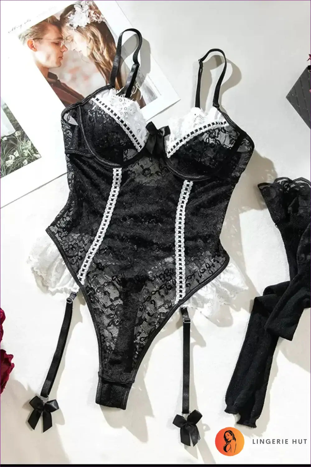 Lace Bodysuit with Garter Detail – Soft Romance Mood - Lingerie Hut - All Season • Boudoir • Cutout