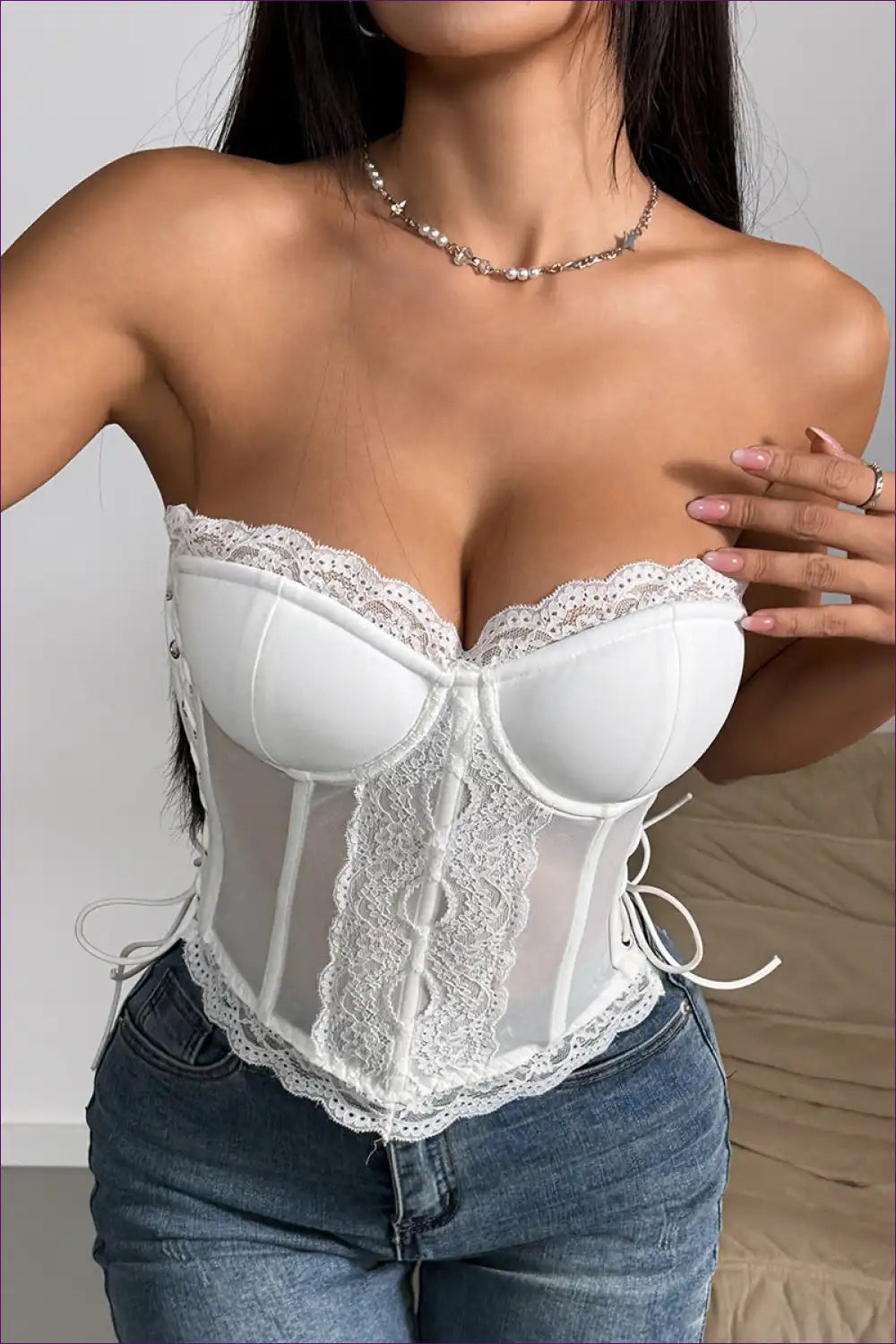 Lace Boned Corset Top with Sweetheart Neckline - Bridal Dream for Bridal, Corset, Crochet, Crop, Date Night