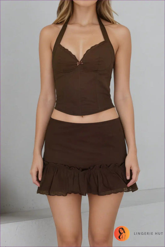 Lace Bow Bustier Top and Ruffle Skirt Set - Playful Retro Mood for Casual, co Ord, Crop, Date Night,