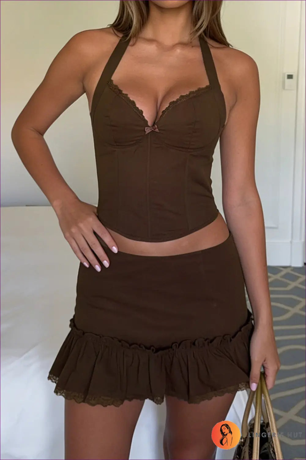 Lace Bustier co Ord with Ruffle Mini Skirt - Playful Retro Mood - Lingerie Hut - Casual • Crop • Date Night • Lace