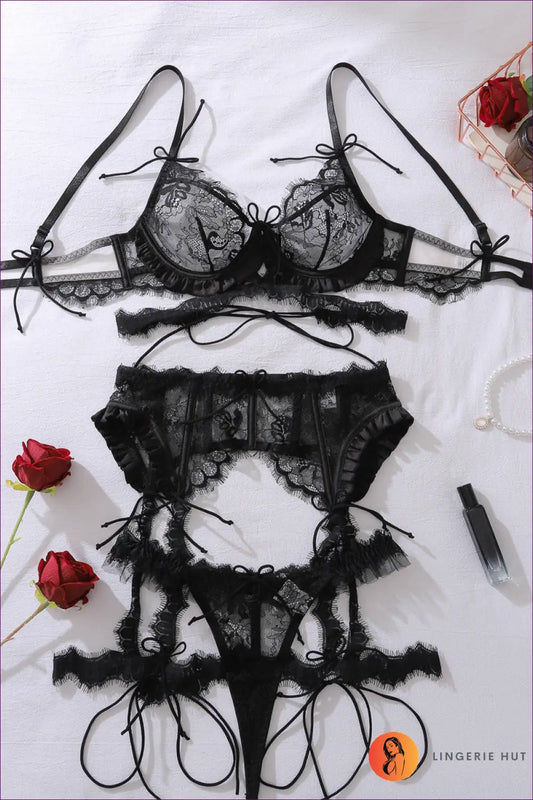 Lace Bra Set with Garter and Ruffle Trim - Worth a Second Look - s / Black - Lingerie Hut - All Season • Boudoir • Date