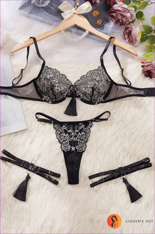 Lace Bra Set with Tassel Detail - Bold Night out for Boudoir, Set, Cutout, Floral, Garter