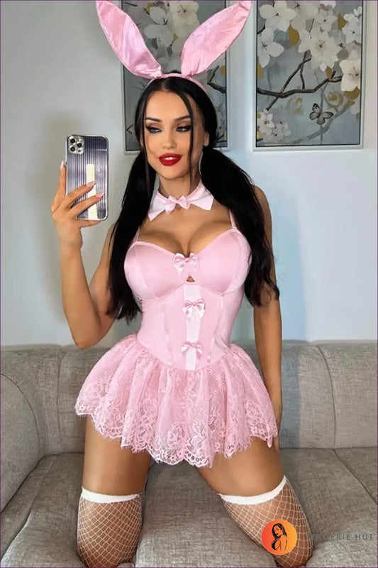 Lace Bunny Costume Set with Satin Bows and Ears - Playful Charm - Clubwear • Halloween • just in • Night out - Lingerie