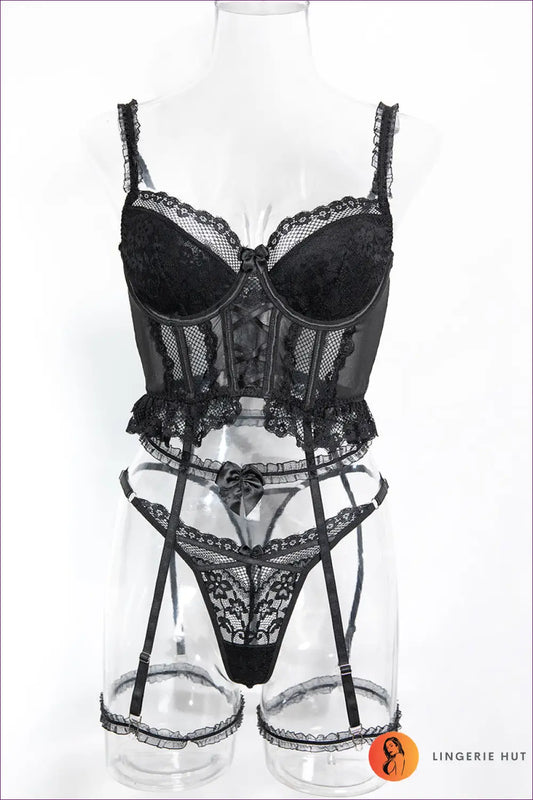 Lace Corset Lingerie Set with Ruffle Trim - Confident Allure - s / Black - Hut - All Season • Boudoir • Bra • Date Night