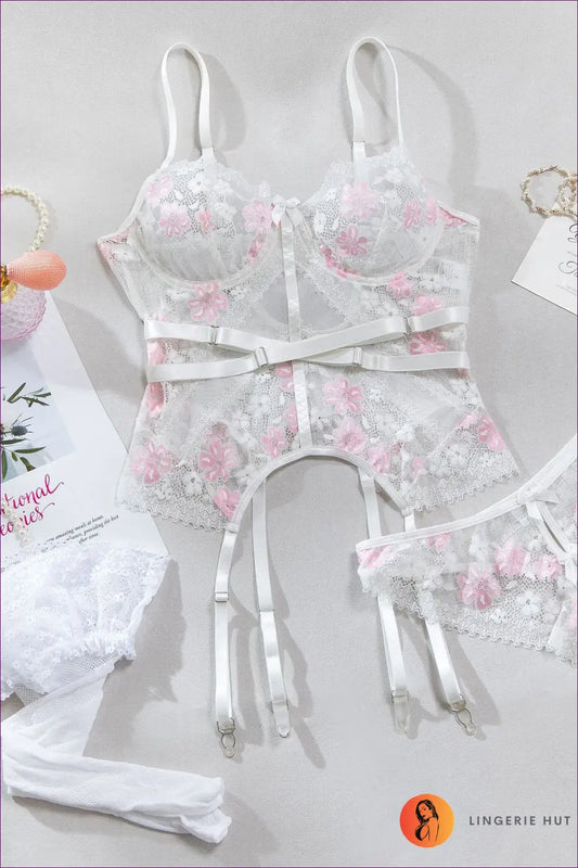 Floral Mesh Teddy with Cutout Detail - s / Light Pink - Bra Set - Boudoir • Lace • Lingerie - Hut