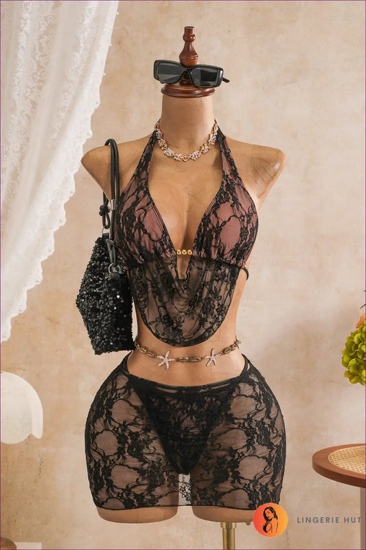 Lace Halter Bra with Sheer Mini Skirt - Sunlit Set - s / Black - Lingerie - Boudoir • just in • Hut