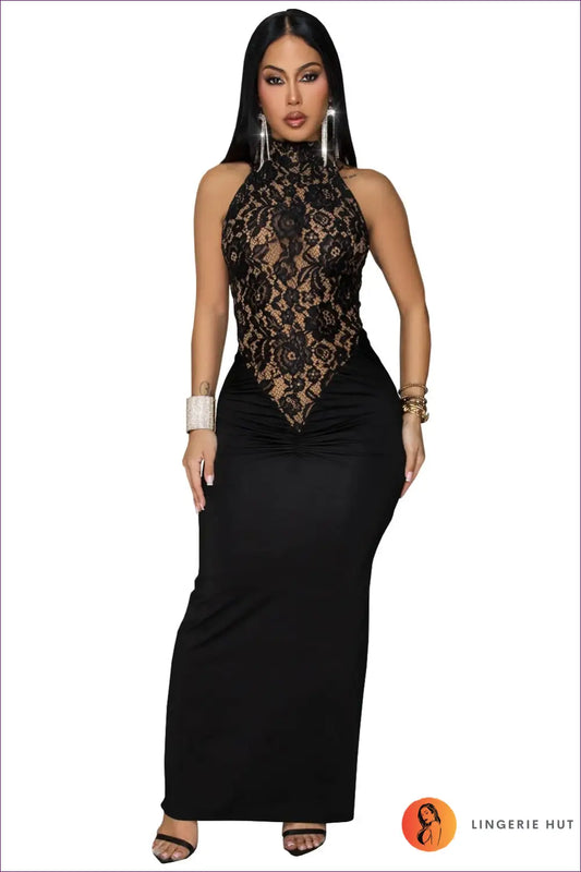 Lace Halter Maxi Dress with Sheer Panel - Evening Elegance - s / Black - Dresses - Lingerie Hut - All Season • Bodycon