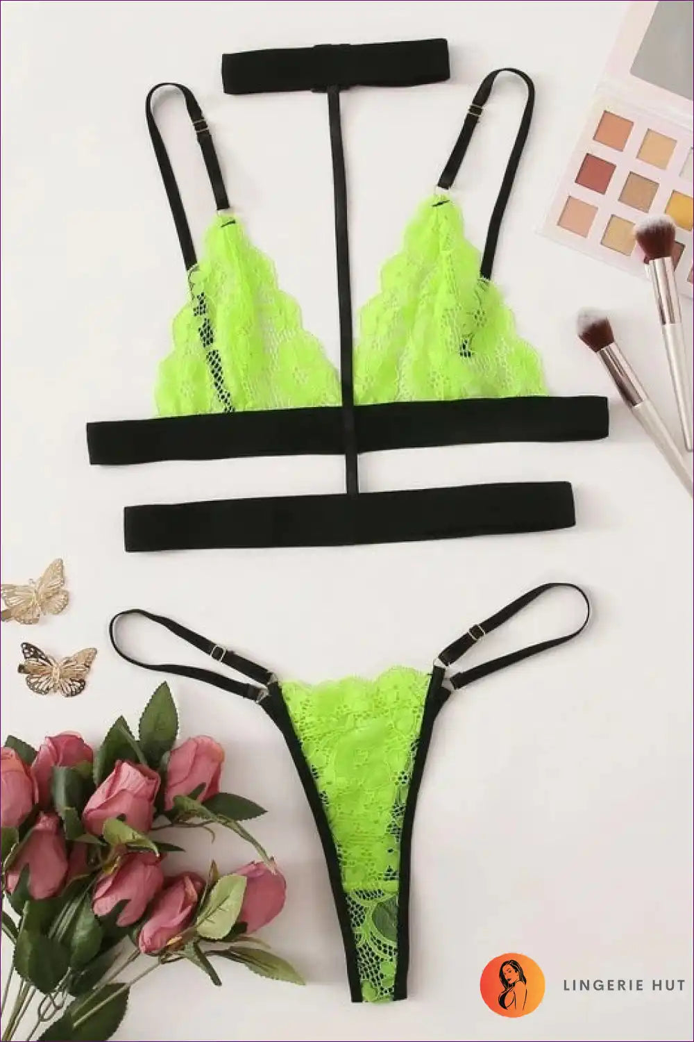 A Beguiling Lace Harness Bra And Panty Set Featuring a Choker Intricate Cutouts, Crafted In Seasonless,