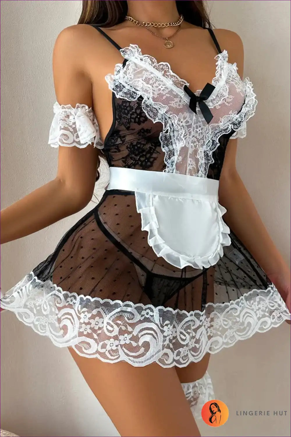 Lace Maid Costume with Sheer Polka Mesh Skirt - Bedroom Confidence for Babydoll, Boudoir, Costume, Date