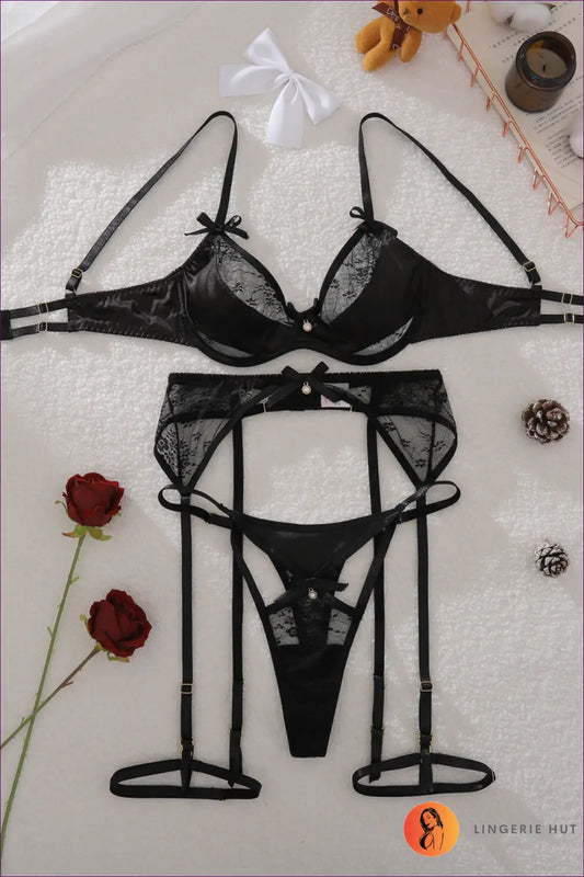 Lace & Mesh Bra Set with Bow Detail - Playful Seduction - s / Black - Lingerie Hut - All Season • Boudoir • Garter