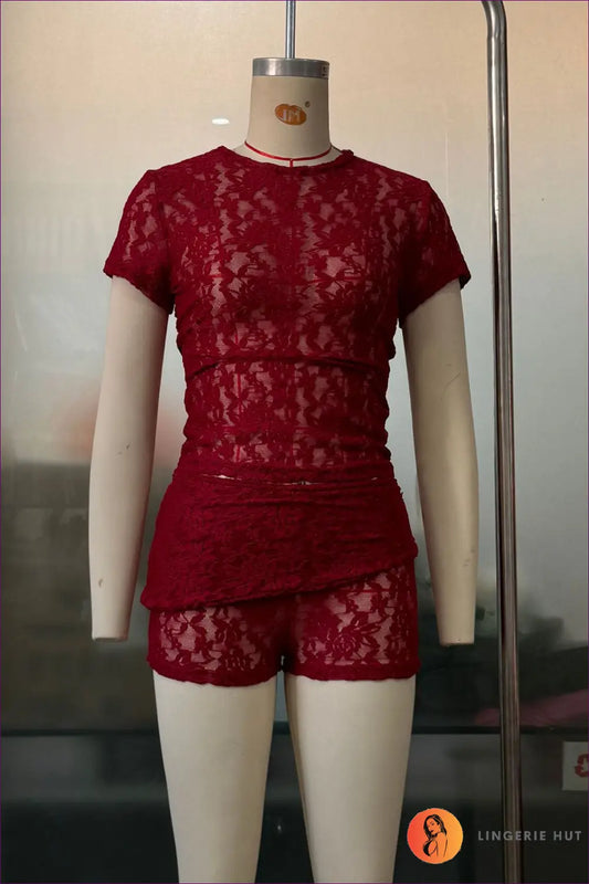 Lace Mesh co Ord Set - Effortless Confidence Lounge - s / Red Suit - Lingerie Hut - Casual • Floral • Lace • Loungewear
