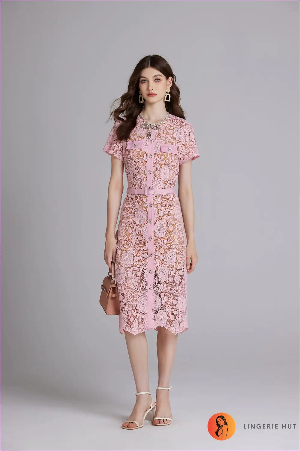 Lace Midi Dress with Belted Detail - Effortless Elegance - s / Pink - Dresses - Belted • Bodycon • Button Front • Date