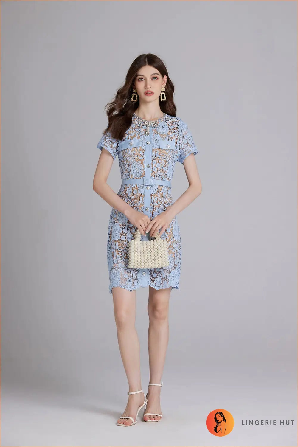 Lace Overlay Mini Dress - Garden Party Ready - Dresses - Belted • Best Seller • Button Front • Evening Wear - Lingerie
