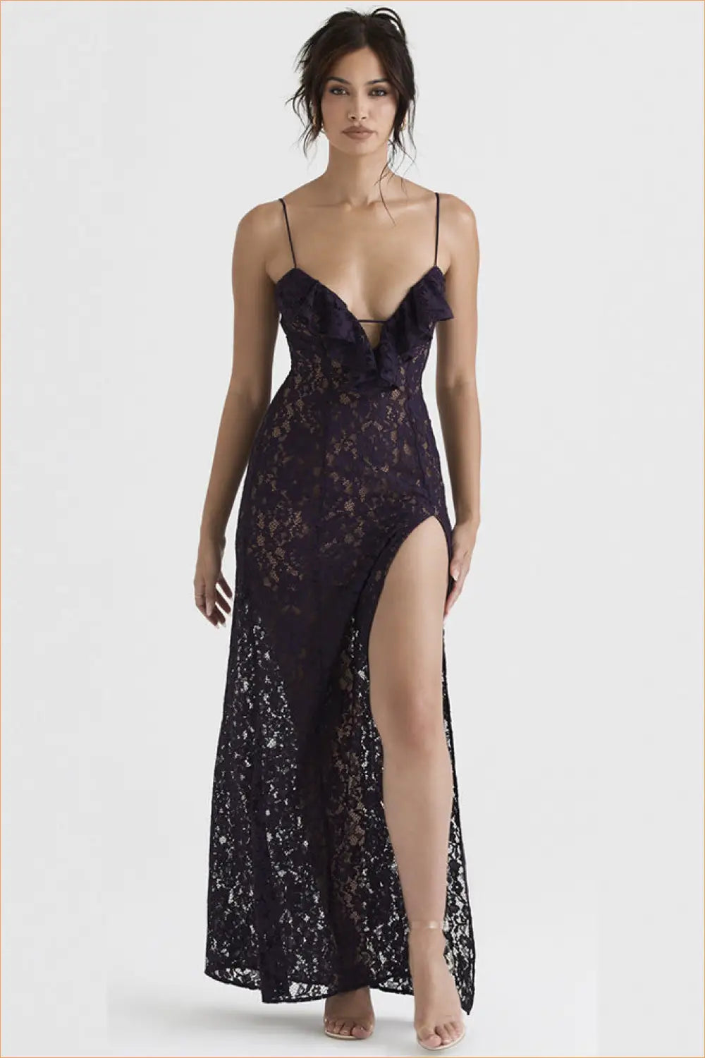 Lace Plunge Maxi Dress with High Slit - Evening Romance - Dresses - Clothing • Date Night • Glamour - Lingerie Hut