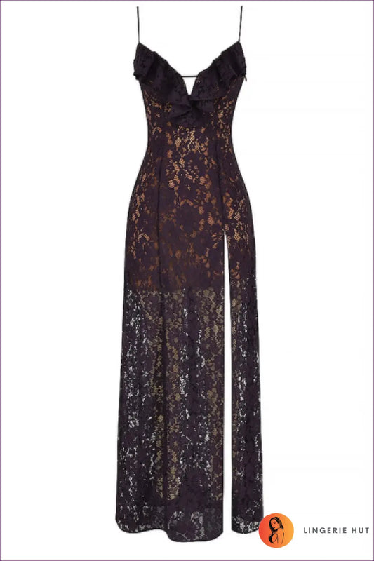 Lace Plunge Maxi Dress with High Slit - Evening Romance - s / Black - Dresses - Lingerie Hut - All Season • Bodycon