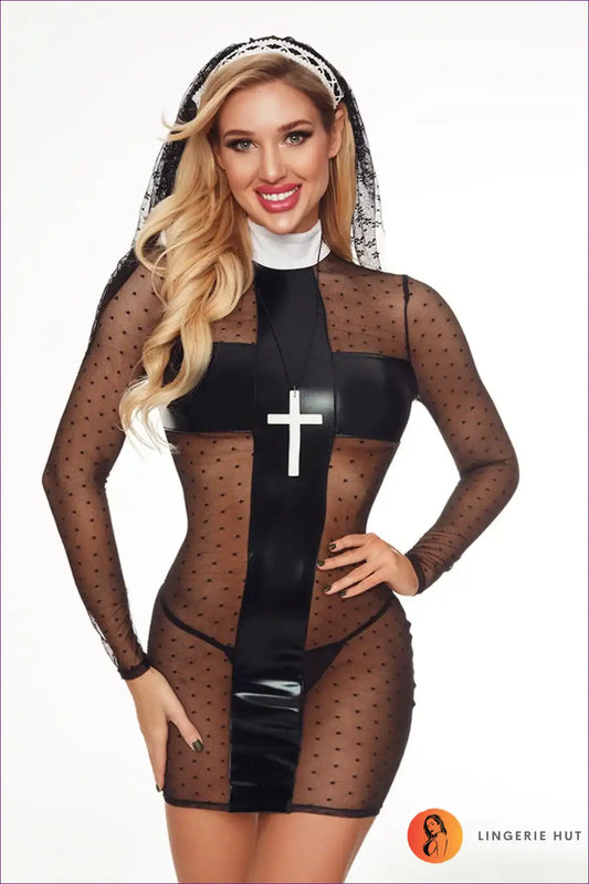 Lace and Pu Babydoll Nun Dress for Nightclub & Cosplay Babydoll, Clubwear, Costume, just In, Lace