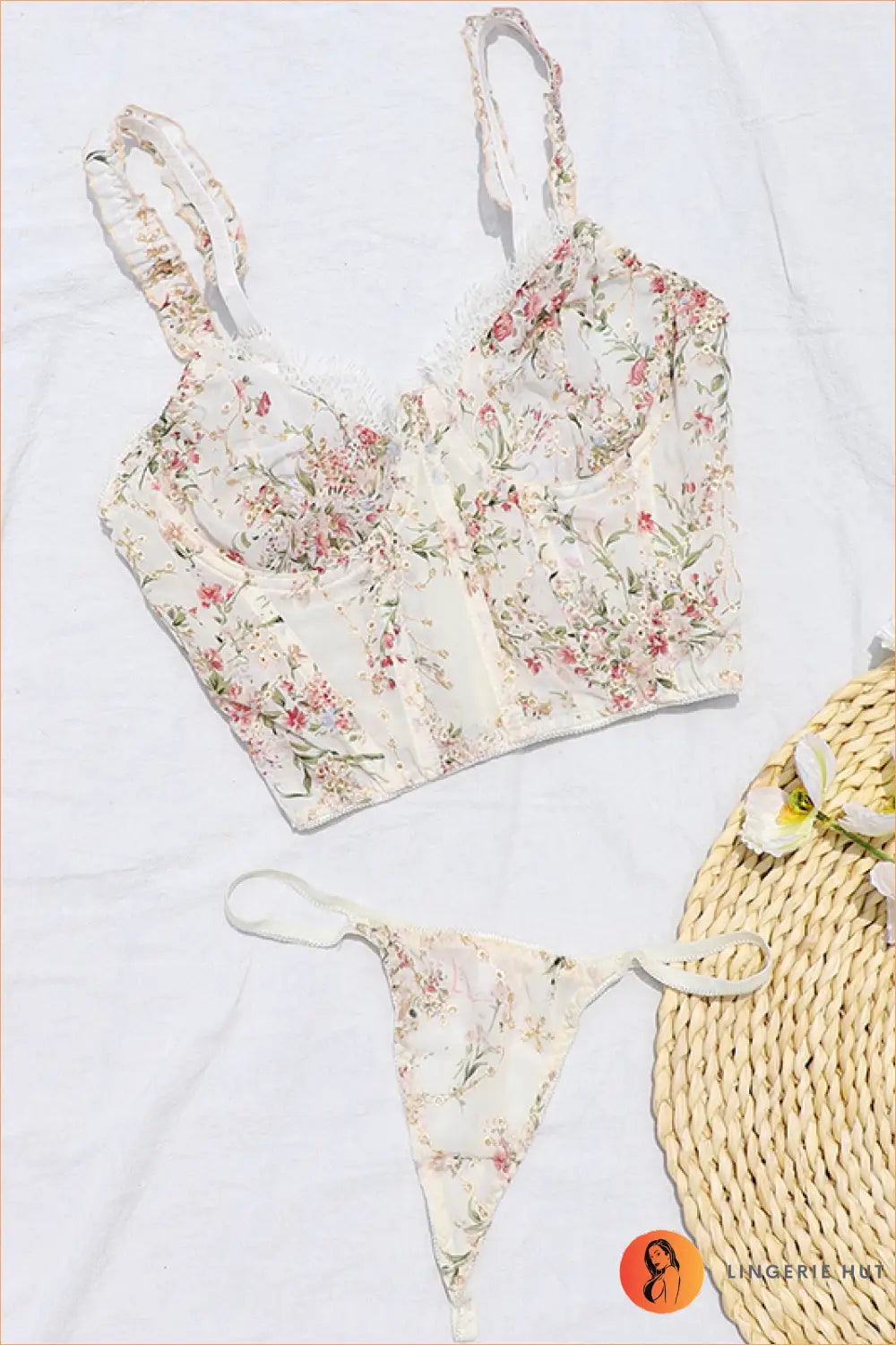 Lace Push-up Bra Set with Chiffon Detail - Bold but Wearable - s / Beige Suit - Corset • Date Night - Lingerie Hut