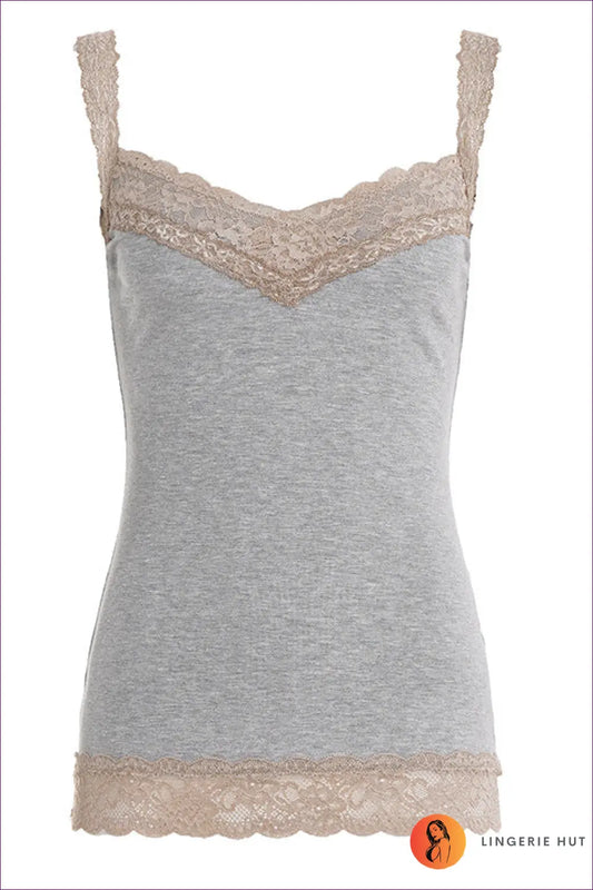 Lace Trim Ribbed Camisole Top - Quiet Confidence Everyday - s / Gray - Lingerie Hut - Casual • Glamour • Lace • Modest