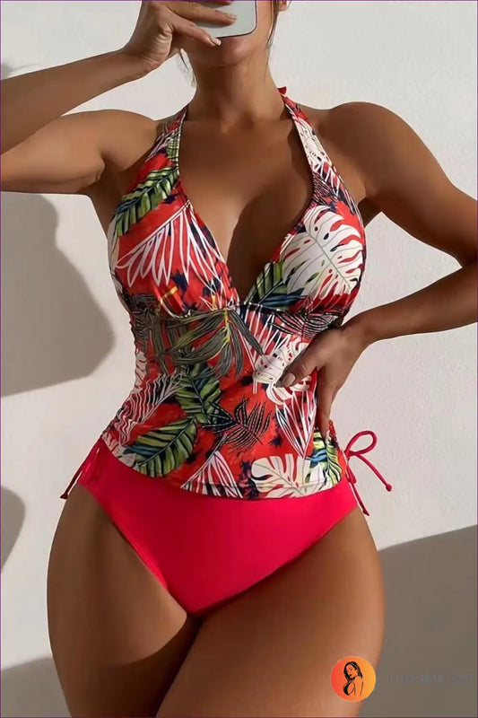 Tropical Print Tankini Set - s / Red - Swimwear - Beachwear • Boho • Cutout • Polyester • Sexy - Lingerie Hut