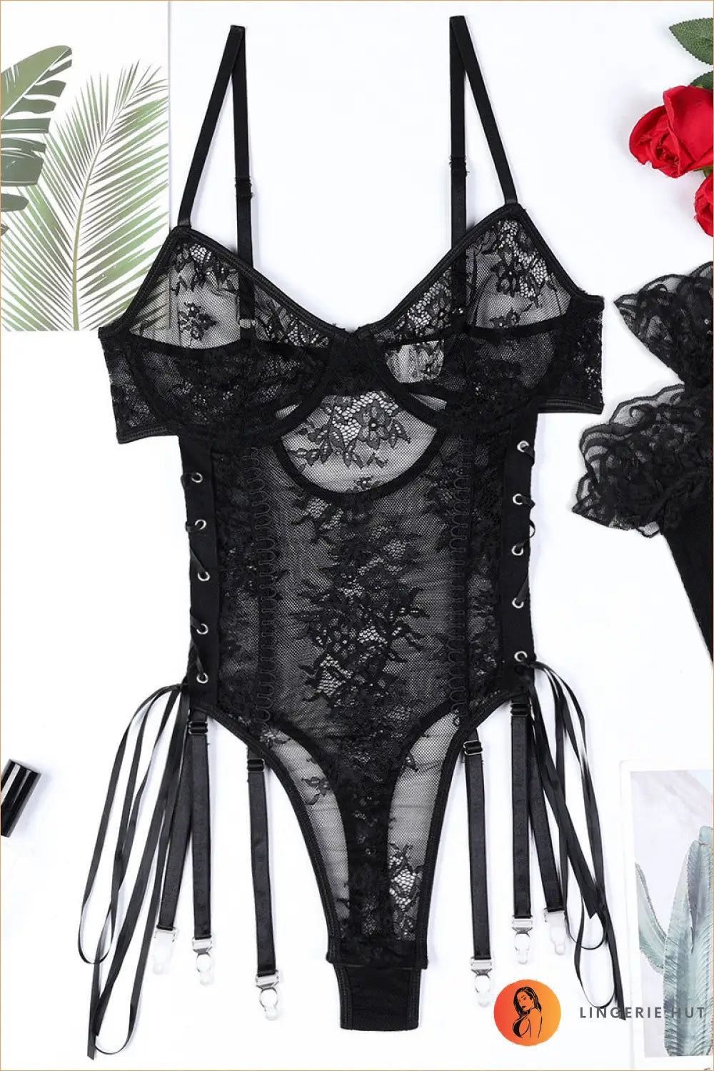 Lace-up Cut-out Bodysuit - Worth a Second Look - s / Black - Cutout • Date Night • Garter • Lace - Lingerie Hut