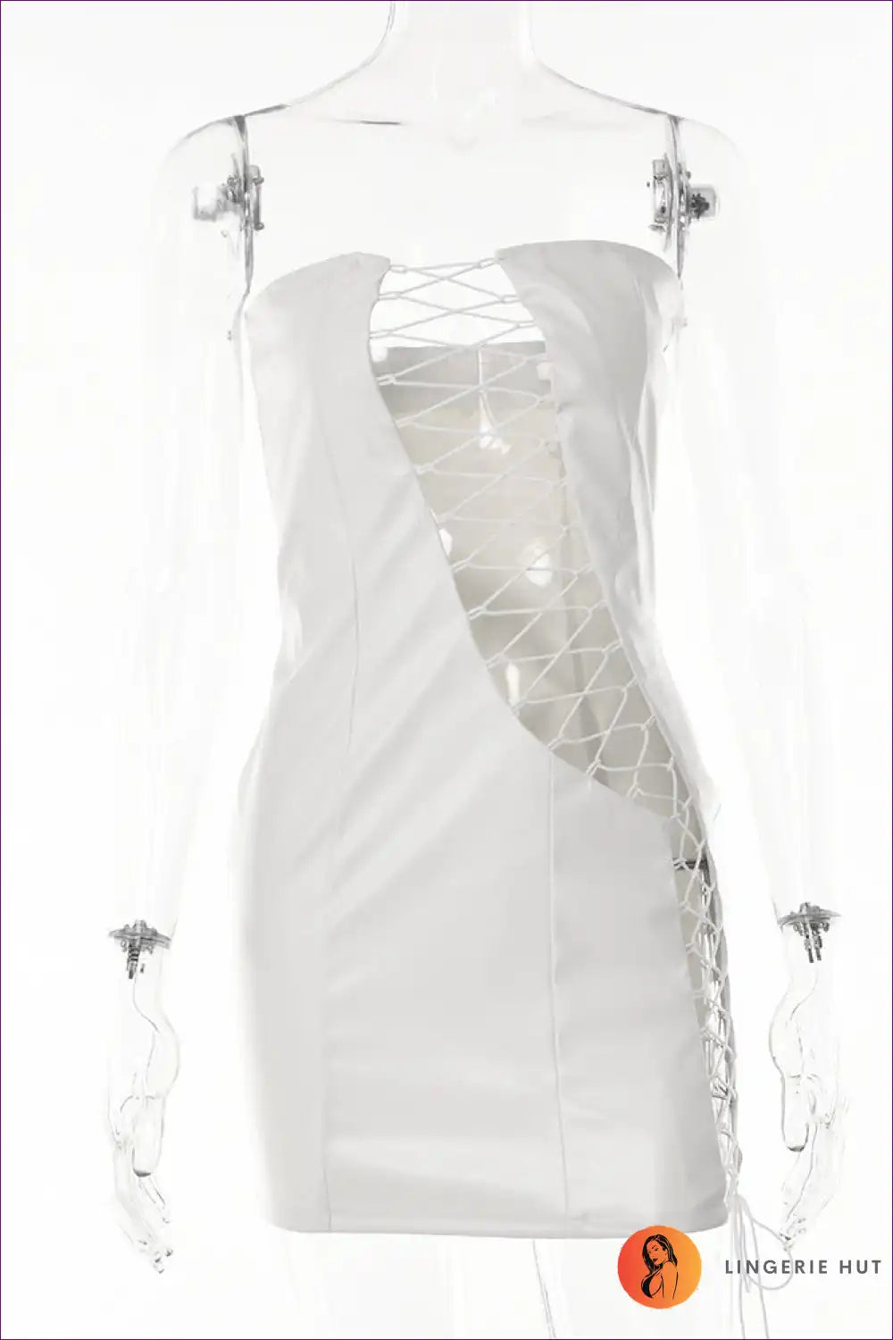 Embrace The Essence Of Night-out Glamour With Lingerie Hut’s Lace-up Faux Leather Dress. Its Strapless Design
