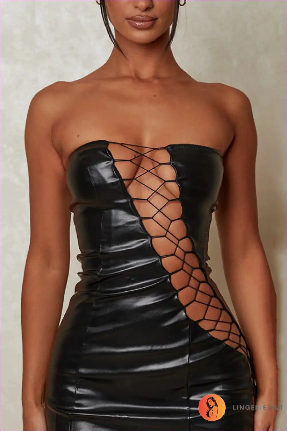 Embrace The Essence Of Night-out Glamour With Lingerie Hut’s Lace-up Faux Leather Dress. Its Strapless Design