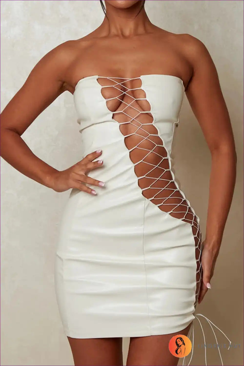 Embrace The Essence Of Night-out Glamour With Lingerie Hut’s Lace-up Faux Leather Dress. Its Strapless Design