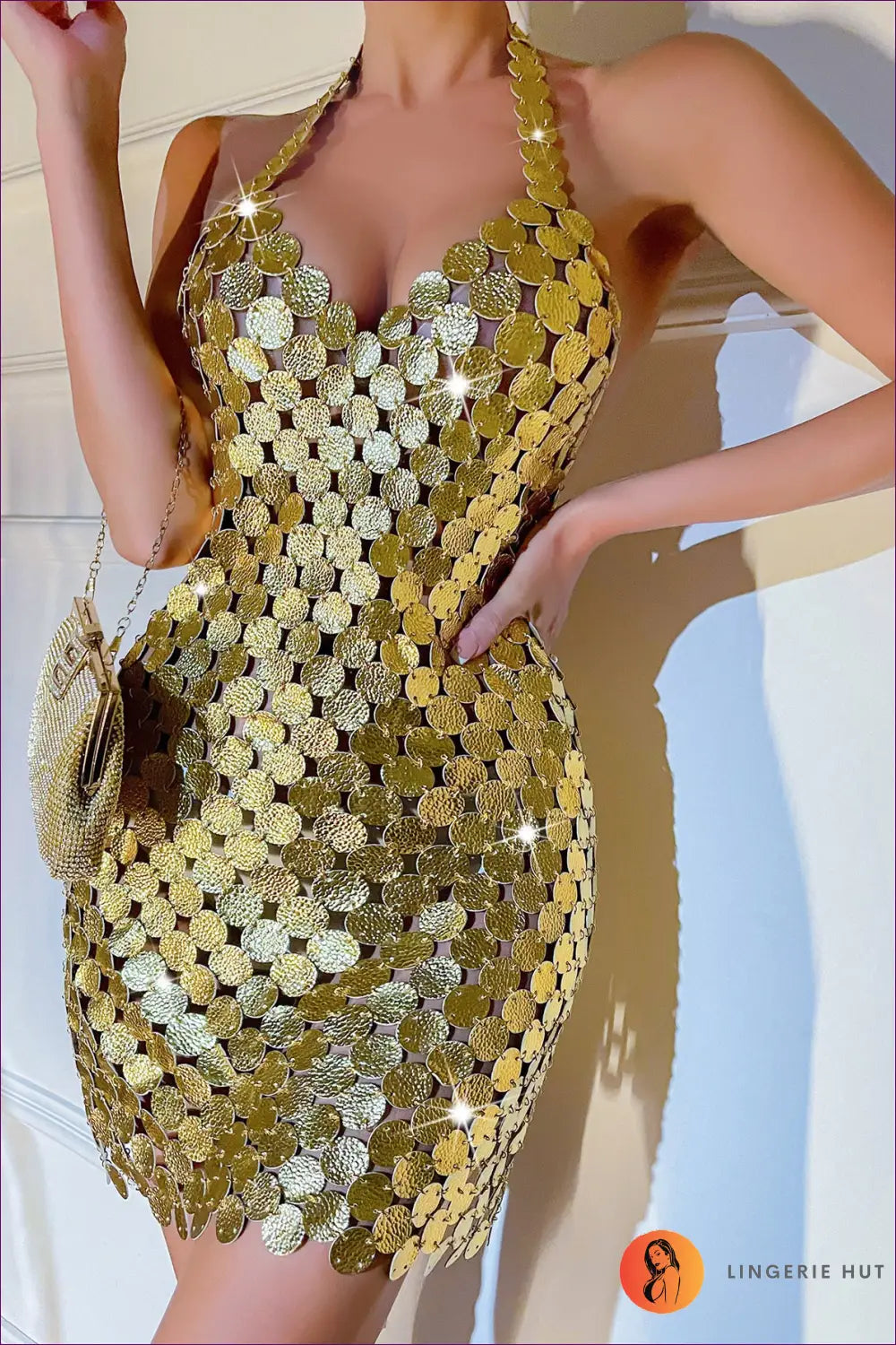 Metallic Disc Mini Dress - one Size / Gold - Dresses - Backless • Clothing • Clubwear • Date Night • Lingerie Hut