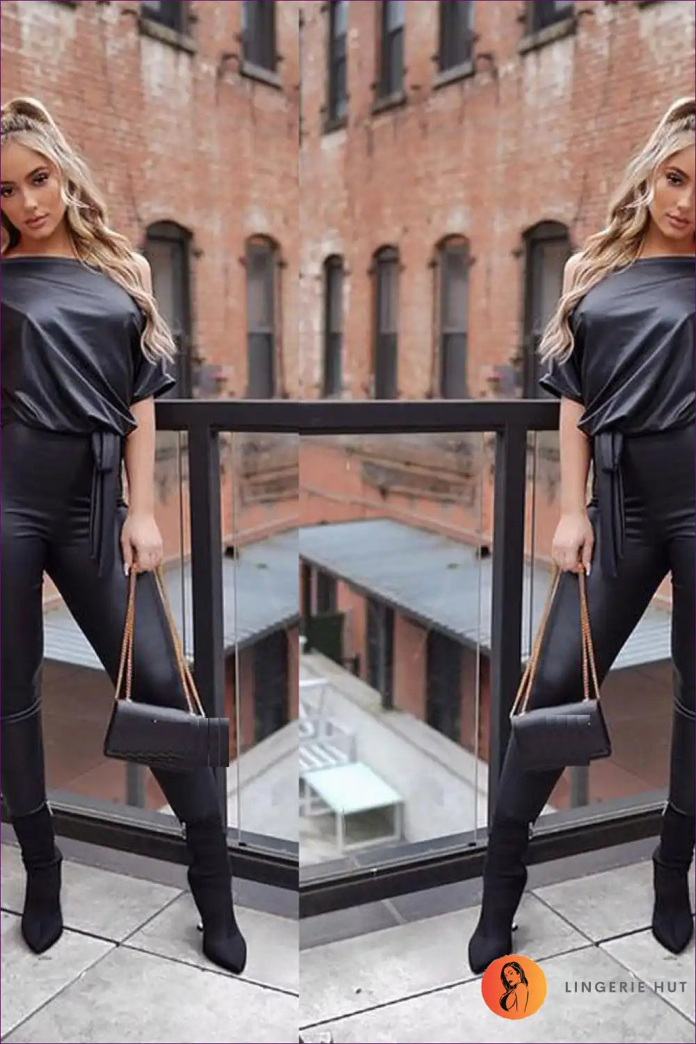 Turn Heads In Lingerie Hut’s Leather Strap Off-shoulder Jumpsuit. a Slim-fit Masterpiece That Defines