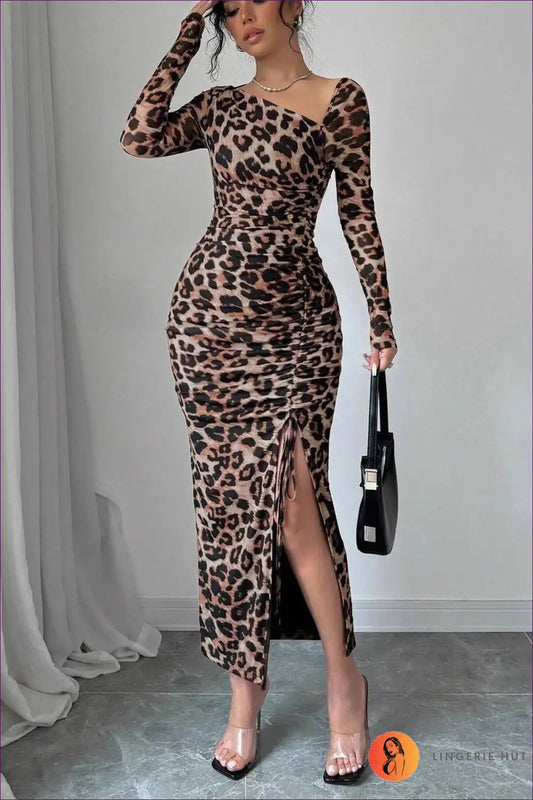 Leopard Print Bodycon Maxi Dress with Side Slit - Night Luxe for Animal, Bodycon, Clubwear, Date Night,