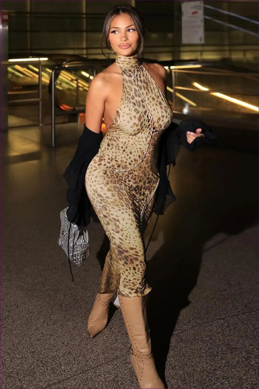 Leopard Print Halter Bodycon Dress with Asymmetric Hem - Night Glam for All Season, Animal, Backless,