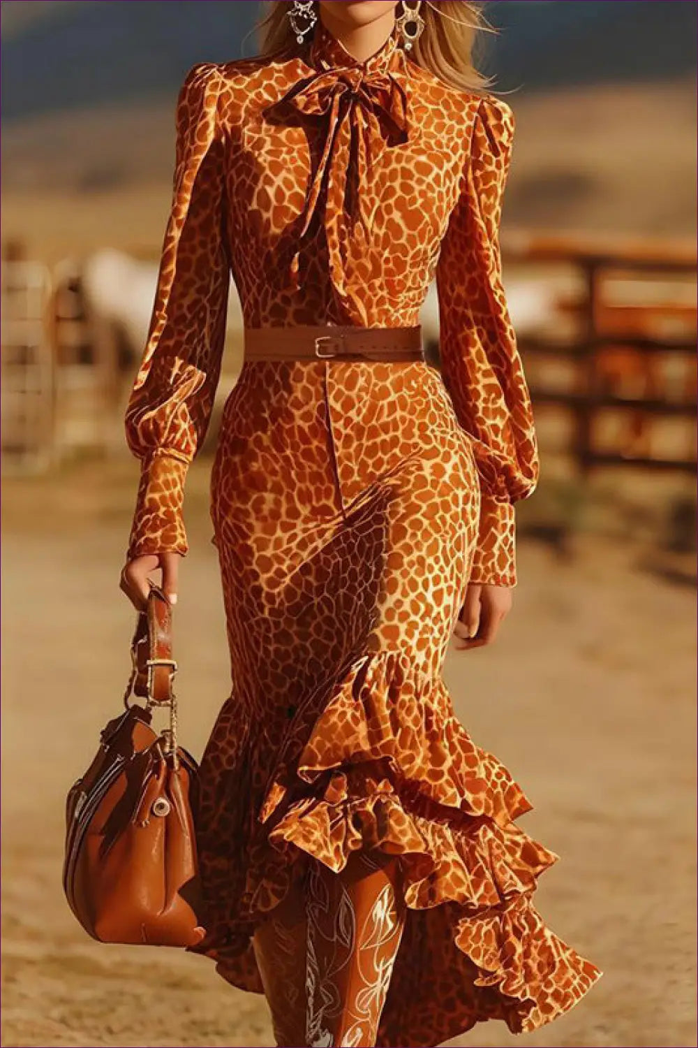 Leopard Print Ruffle Maxi Dress with Tie Neck - Wild Elegance - Dresses - Lingerie Hut - Animal • Autumn • Boho • Casual