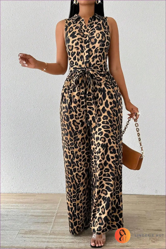 Leopard Print Sleeveless Jumpsuit with Tie Waist - Effortless Chic - s / Brown - Lingerie Hut - Animal • Autumn